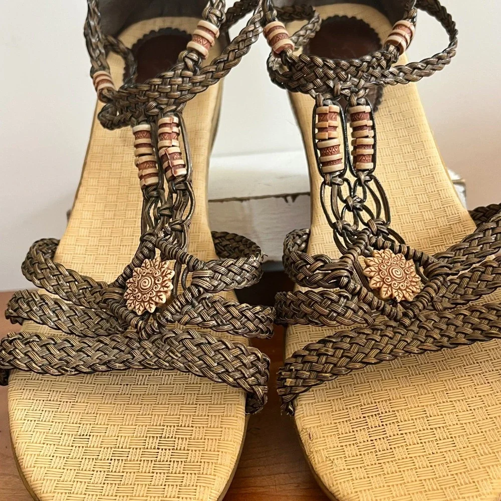 Forever Link Womens Brown Braided Wedge Sandals Boho Beaded Strappy Size 10
